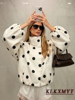 Women Fashion Vintage Polka Dots Pocket Stand Collar Jacket Spring Autumn Long Sleeve Jacket Holiday Outfits For Women