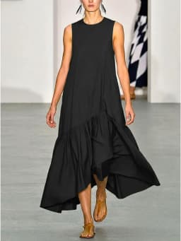 Women's Solid Black Sleeveless Crew Neck Maxi Dress Ruffled Hem Flowy Casual Long Dress 2026 Summer Casual Vacation Dresses