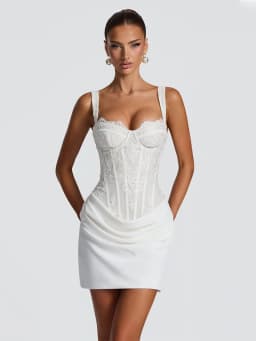 White Lace Patchwork Corset Mini Dress Women Sleeveless Lace Up Draped Bodycon Dress Elegant Wedding Guest Evening Party Vestido