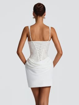 White Lace Patchwork Corset Mini Dress Women Sleeveless Lace Up Draped Bodycon Dress Elegant Wedding Guest Evening Party Vestido