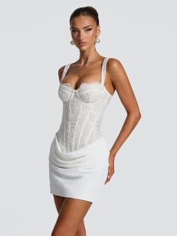 White Lace Patchwork Corset Mini Dress Women Sleeveless Lace Up Draped Bodycon Dress Elegant Wedding Guest Evening Party Vestido