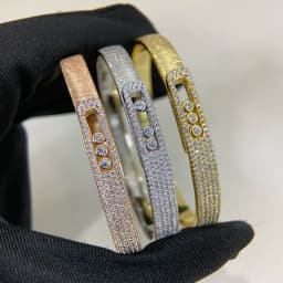 Rose Gold Brushed Bangle Bracelet, Three Floating Stones Oval Slider Cuff