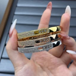 Rose Gold Brushed Bangle Bracelet, Three Floating Stones Oval Slider Cuff