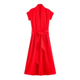 BSAY 2026 Women V Neck Cap Sleeve Midi Dress Self Tie Belt Waist Shirt Style A Line Solid Color Elegant Summer Casual Long Dress