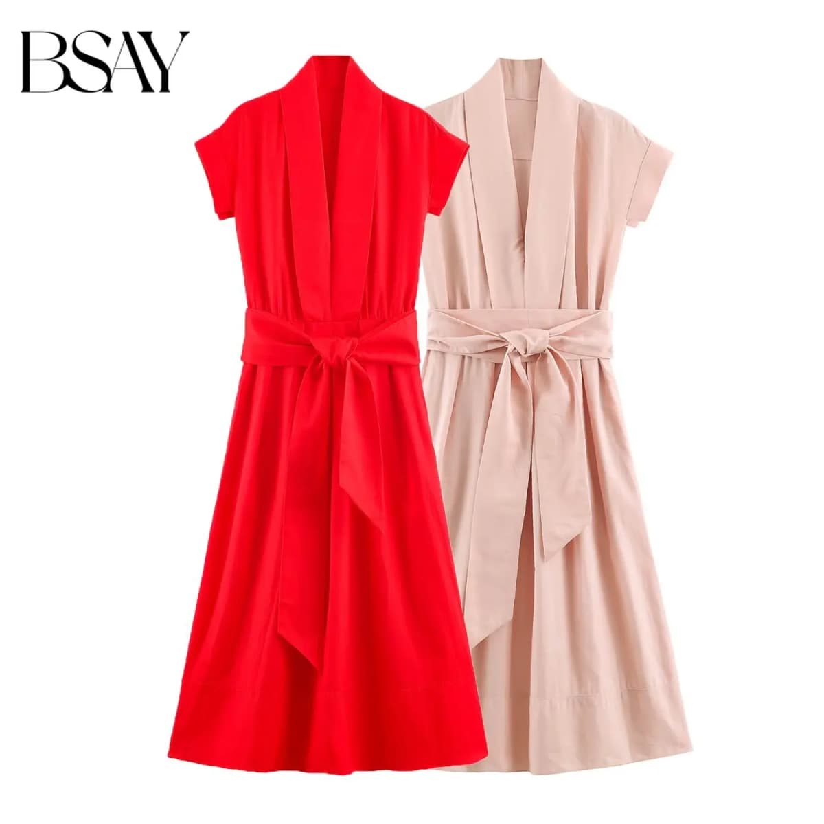 BSAY 2026 Women V Neck Cap Sleeve Midi Dress Self Tie Belt Waist Shirt Style A Line Solid Color Elegant Summer Casual Long Dress