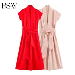BSAY 2026 Women V Neck Cap Sleeve Midi Dress Self Tie Belt Waist Shirt Style A Line Solid Color Elegant Summer Casual Long Dress