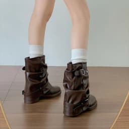 Autumn Women Slouch Mid Calf Cowboy Boots Double Metal Buckle Straps Leather Block Heel Shoes Motorcycle Short Boots
