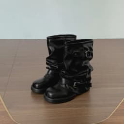 Autumn Women Slouch Mid Calf Cowboy Boots Double Metal Buckle Straps Leather Block Heel Shoes Motorcycle Short Boots