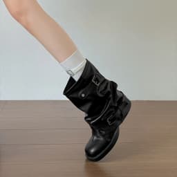 Autumn Women Slouch Mid Calf Cowboy Boots Double Metal Buckle Straps Leather Block Heel Shoes Motorcycle Short Boots