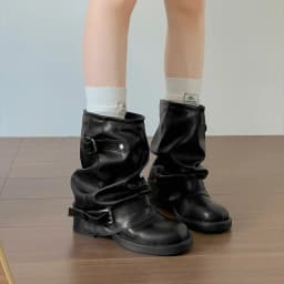 Autumn Women Slouch Mid Calf Cowboy Boots Double Metal Buckle Straps Leather Block Heel Shoes Motorcycle Short Boots