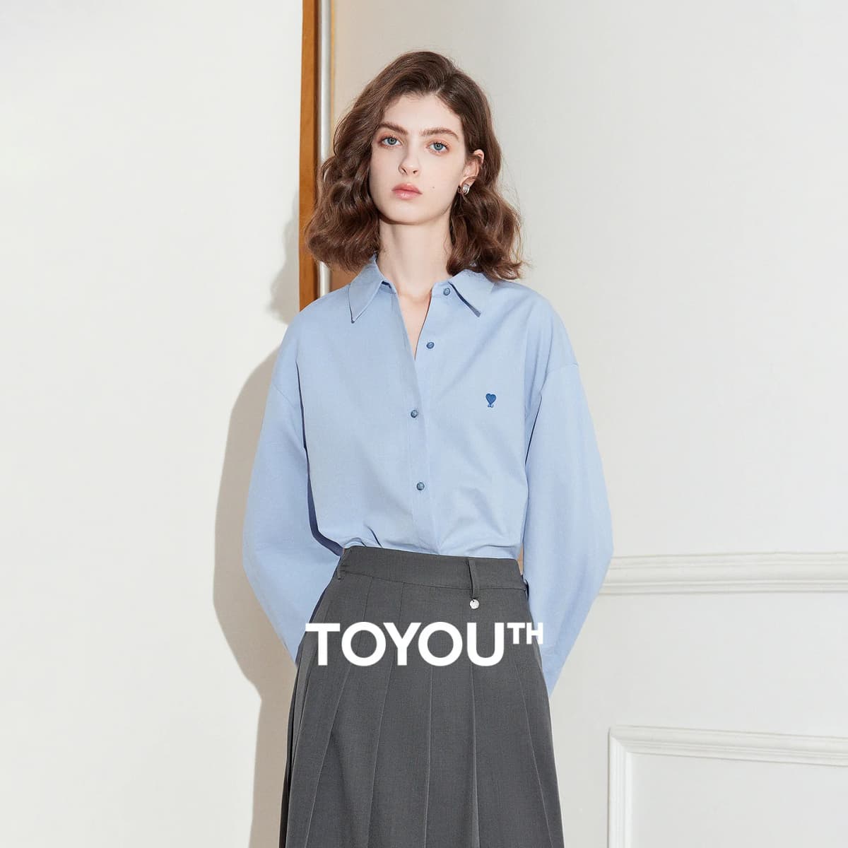 TOYOUTH Women's Pure Cotton Shirt 2026 New Heart Embroidery Solid Color Simple Versatile Basic Top