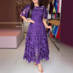 Women Hollow Out Dresses A Line Solid Dress Ankle Lenth Half Sleeves Waist Cinch Slight Strech Slim Casual Elegant 2026 Summer