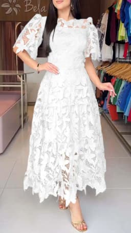 Women Hollow Out Dresses A Line Solid Dress Ankle Lenth Half Sleeves Waist Cinch Slight Strech Slim Casual Elegant 2026 Summer