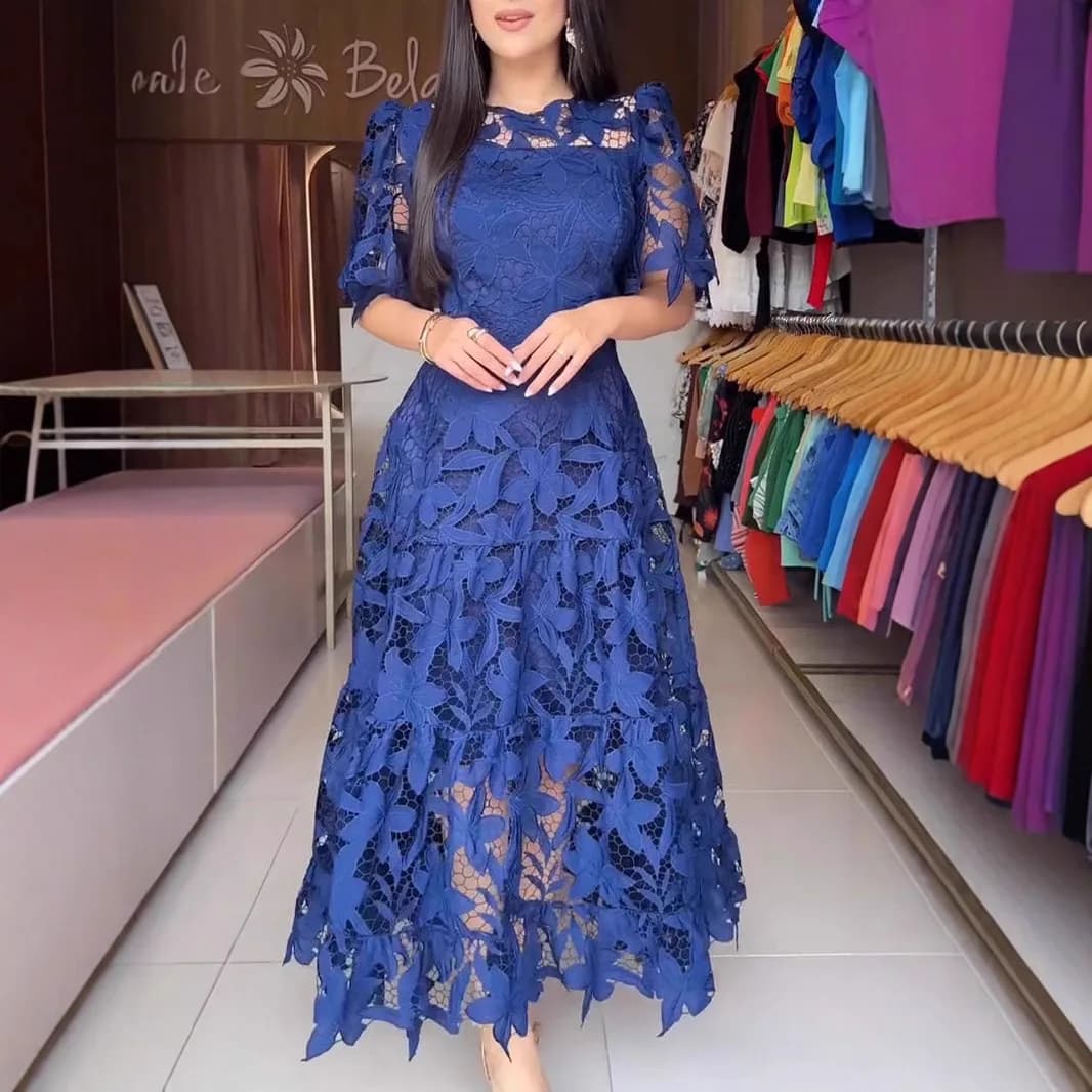 Women Hollow Out Dresses A Line Solid Dress Ankle Lenth Half Sleeves Waist Cinch Slight Strech Slim Casual Elegant 2026 Summer