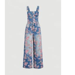 Vintage Washed Floral Print Denim Overalls For Women Adjustable Strap Wide Leg Elegant Daily Fashion Jumpsuit