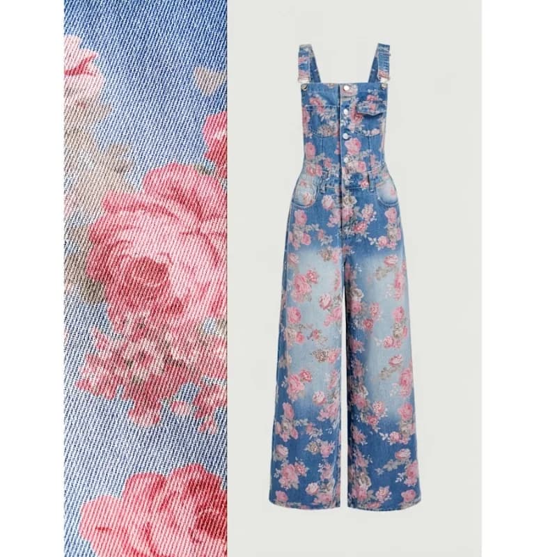 Vintage Washed Floral Print Denim Overalls For Women Adjustable Strap Wide Leg Elegant Daily Fashion Jumpsuit
