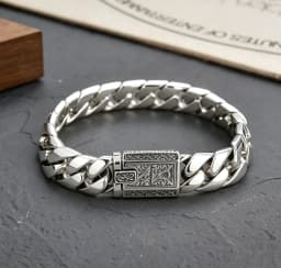 S925 Sterling Silver Heavy Solid Smooth Cuban Bracelet Men Bright Polished Curb Chain Antique Engraved Clasp Luxury Jewelry Gift