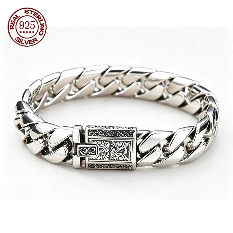 S925 Sterling Silver Heavy Solid Smooth Cuban Bracelet Men Bright Polished Curb Chain Antique Engraved Clasp Luxury Jewelry Gift