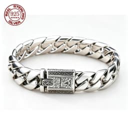 S925 Sterling Silver Heavy Solid Smooth Cuban Bracelet Men Bright Polished Curb Chain Antique Engraved Clasp Luxury Jewelry Gift