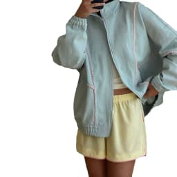 Women Sweet Casual Oversized Denim Jacket Pom-pom Contrast Stitch Decor Stand Collar Full Zipper Drop Shoulder Loose Short Outer