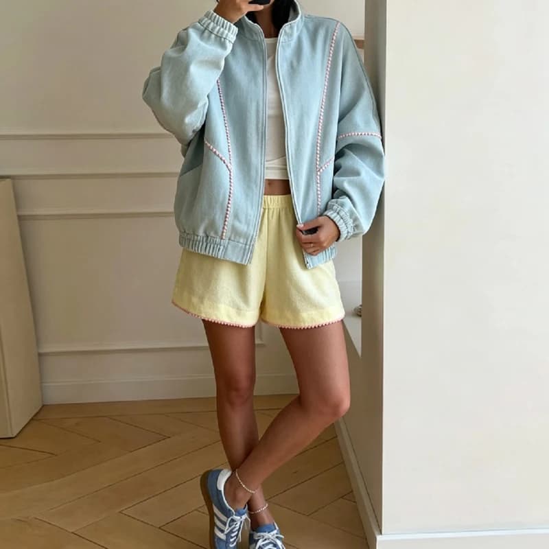 Women Sweet Casual Oversized Denim Jacket Pom-pom Contrast Stitch Decor Stand Collar Full Zipper Drop Shoulder Loose Short Outer