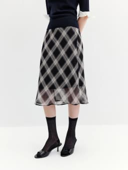 FSLE 2026 Fall Women's Vintage Contrast Plaid Elastic Waist Flowy Chiffon Straight Midi Skirt - Casual Chic Everyday Style