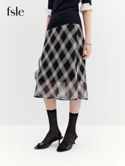 FSLE 2026 Fall Women's Vintage Contrast Plaid Elastic Waist Flowy Chiffon Straight Midi Skirt - Casual Chic Everyday Style