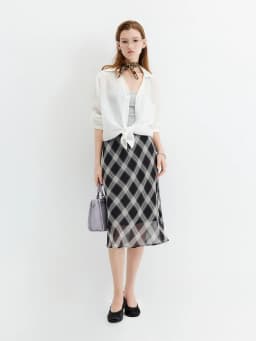FSLE 2026 Fall Women's Vintage Contrast Plaid Elastic Waist Flowy Chiffon Straight Midi Skirt - Casual Chic Everyday Style