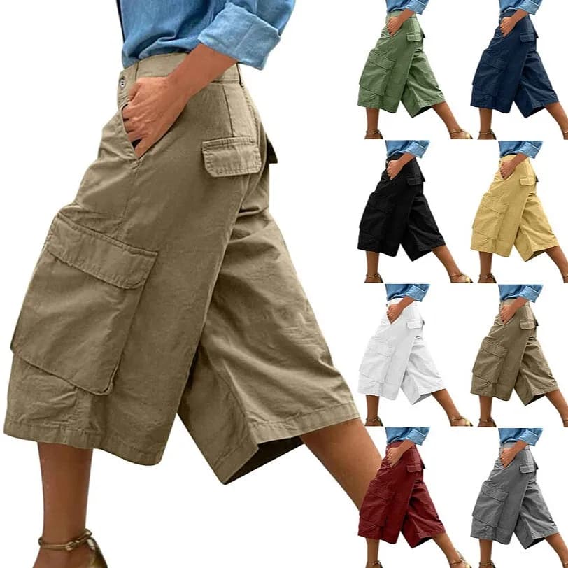 Cargo Shorts Women Multi Pocket Wide Leg Capri Pants Mid Waist Loose Fit Woven Summer Casual Outdoor Bermuda 3/4 Length Trousers