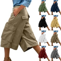 Cargo Shorts Women Multi Pocket Wide Leg Capri Pants Mid Waist Loose Fit Woven Summer Casual Outdoor Bermuda 3/4 Length Trousers