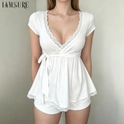 Korean Fashion V-Neck Lace Patchwork Short Sleeve T-Shirts Women's Elegant Waist-cinching With Bandage A-line Top Tees Fashion
