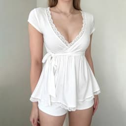 Korean Fashion V-Neck Lace Patchwork Short Sleeve T-Shirts Women's Elegant Waist-cinching With Bandage A-line Top Tees Fashion