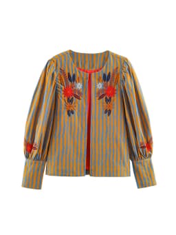 Summer New Women O-Neck Embroidery Jacket Retro Elegant Long Sleeve High Street Jacket Leisure Striped Loose Fashion Outwear
