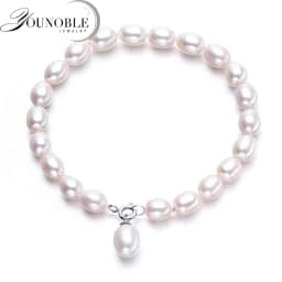 Real Natural White Freshwater Pearl Bracelet Women,Cute 925 Silver Pearl Strand Bracelet Ladies Wife Mother Birthday Gift White
