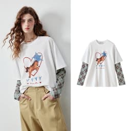 TOYOUTH Women's Long Sleeve T Shirt 2026 Autumn New Cotton Fake Two Piece Splicing Loose Drop Shoulder Urban Nomadic Casual Tops