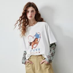TOYOUTH Women's Long Sleeve T Shirt 2026 Autumn New Cotton Fake Two Piece Splicing Loose Drop Shoulder Urban Nomadic Casual Tops
