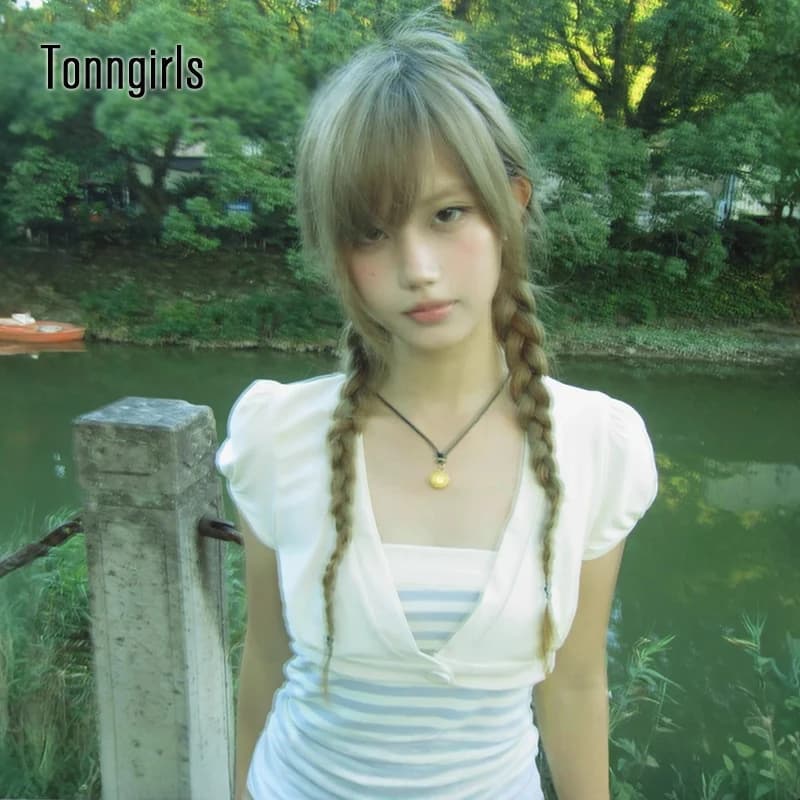 Tonngirls Y2k Japanese Striped T-shirts Women Slim Two Pieces Tops Short Sleeve American Retro Vintage Tops Streetwear Tee Tops