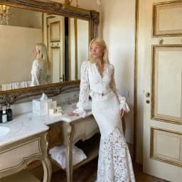 Mingmingxi Elegant White eyelash lace Lace Two Piece Set Autumn Long Sleeve Crop Top and Mermaid Skirt Women Matching Sets