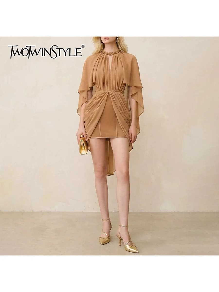 TWOTWINSTYLE Fashion Hollow Out Dresses for Women O Neck Cloak Sleeve High Waist Slimming Solid Mini Dress Female Fashion 2026