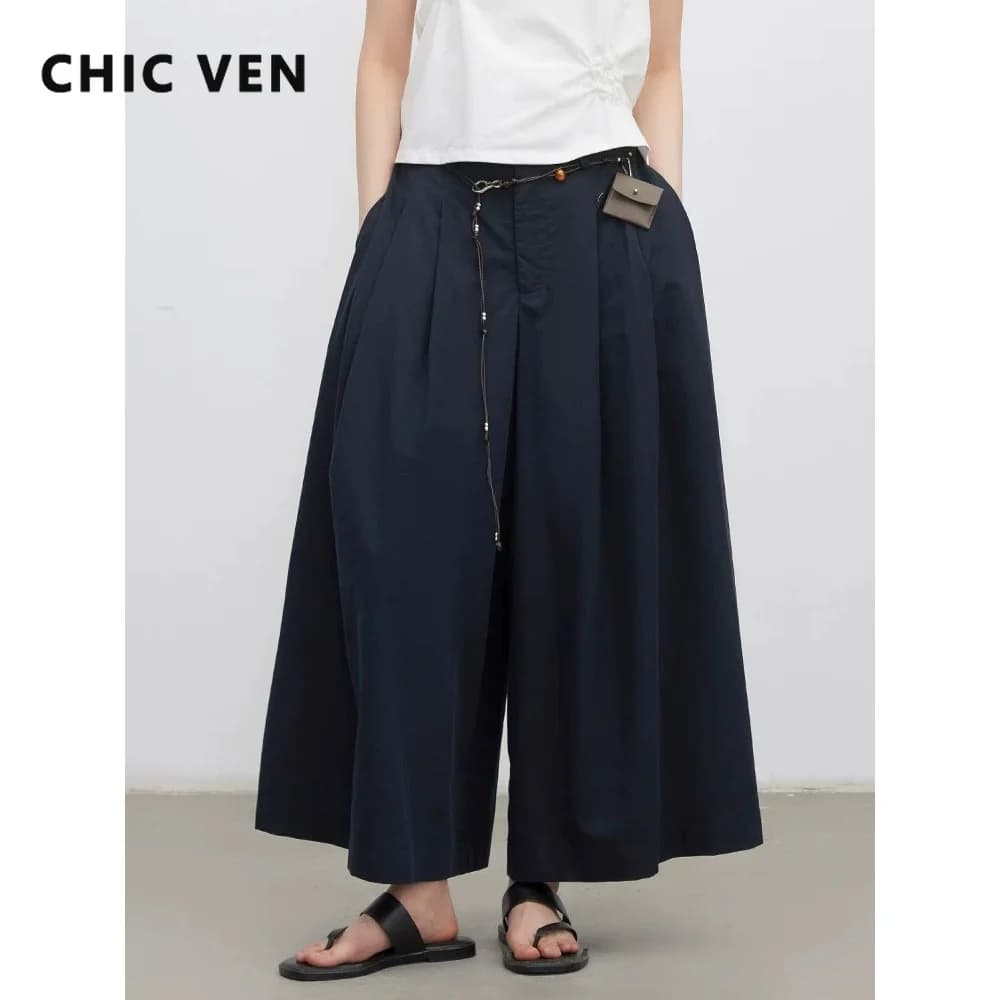 CHIC VEN Korean Women Culottes Solid New Loose Casual High Waisted Three-dimensional Pleated Wide Leg Skirt Pants Summer 2026