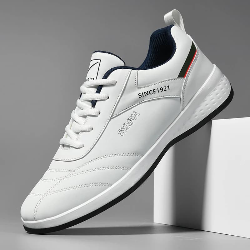 Double Star Men's White Leather Casual Sneakers Lightweight Breathable Non-slip Walking Sport Shoes