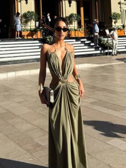 Elegant Deep V Spaghetti Strap Maxi Dress Women Metal Ring Cut Out Waist Ruched Backless Buckle Dinner Gown Party Holiday Outfit