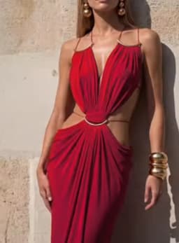 Elegant Deep V Spaghetti Strap Maxi Dress Women Metal Ring Cut Out Waist Ruched Backless Buckle Dinner Gown Party Holiday Outfit