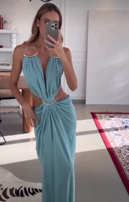 Elegant Deep V Spaghetti Strap Maxi Dress Women Metal Ring Cut Out Waist Ruched Backless Buckle Dinner Gown Party Holiday Outfit