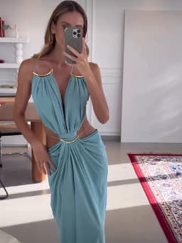 Elegant Deep V Spaghetti Strap Maxi Dress Women Metal Ring Cut Out Waist Ruched Backless Buckle Dinner Gown Party Holiday Outfit