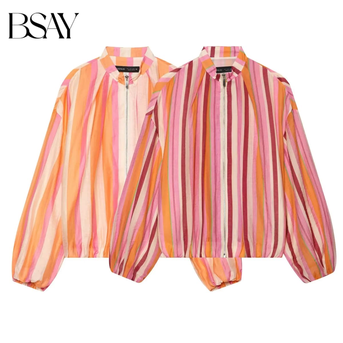BSAY Women Colorful Stripe Zip Up Jacket Stand Collar Lantern Long Sleeve Loose Cropped Lightweight Casual Outerwear Thin Coat