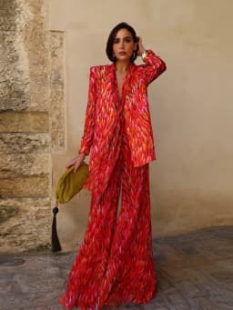 Fashion Lady Print Blazer Coat Pants Set 2026 Long Sleeve Belt V-neck Cinched Waist Slim Women Jacket Wide Leg Pant 2 Piece Sets