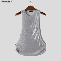 INCERUN Men's Tank Tops Shiny O-neck Sleeveless Summer Casual Male Vests Streetwear Hollow Out Party Fashion Men Clothes Tops