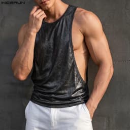 INCERUN Men's Tank Tops Shiny O-neck Sleeveless Summer Casual Male Vests Streetwear Hollow Out Party Fashion Men Clothes Tops