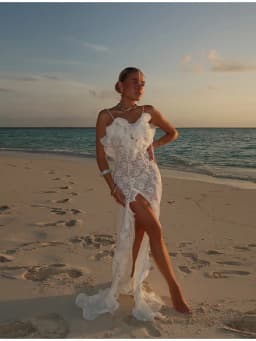 Chic White Lace Ruffles Mermaid Maxi Dress Women Trendy Spaghetti Strap High Split Backless Vestido 2026 New Vacation Beach Gown